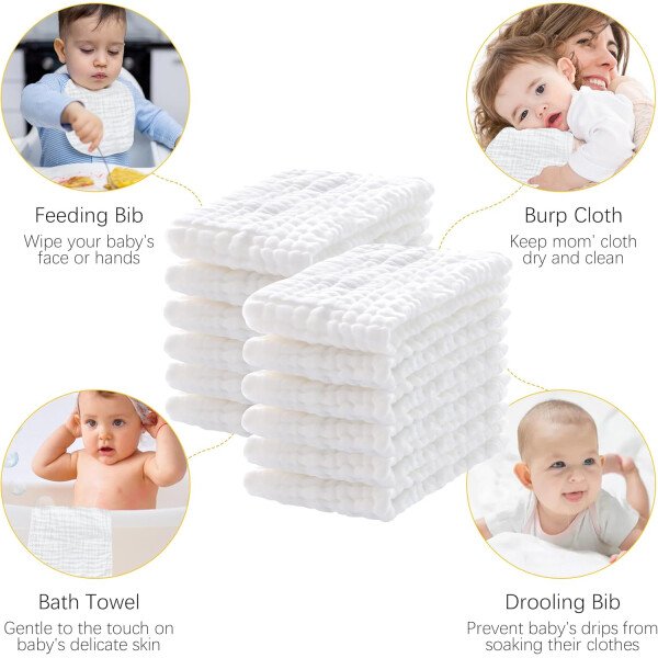 Paquete de 12 paños de muselina para eructos, 100% algodón, grandes, 20 x 10 pulgadas, extra suaves y absorbentes, para bebé, color blanco - Image 4