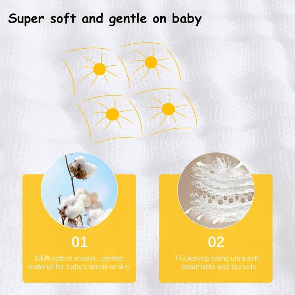 Paquete de 12 paños de muselina para eructos, 100% algodón, grandes, 20 x 10 pulgadas, extra suaves y absorbentes, para bebé, color blanco - Image 5