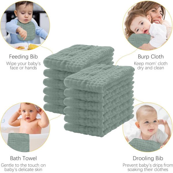Paquete de 12 paños de muselina para eructos, 100% algodón, grandes, 20 x 10 pulgadas, extra suaves y absorbentes, para bebé, color blanco - Image 11