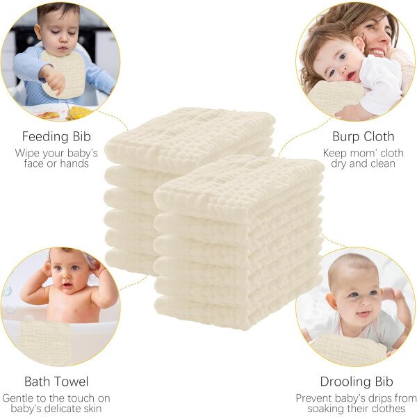 Paquete de 12 paños de muselina para eructos, 100% algodón, grandes, 20 x 10 pulgadas, extra suaves y absorbentes, para bebé, color blanco - Image 35