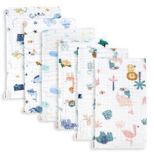 Maliton Paños de muselina para bebé, paquete de 6 paños grandes de 20 x 10 pulgadas, 100% algodón, absorbentes y suaves, 6 capas, tela de muselina esencial para recién nacido (animales y automóviles,