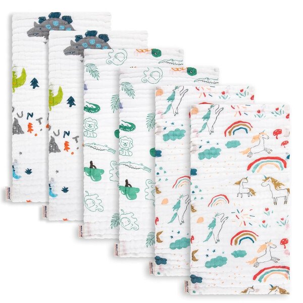 Maliton Paños de muselina para bebé, paquete de 6 paños grandes de 20 x 10 pulgadas, 100% algodón, absorbentes y suaves, 6 capas, tela de muselina esencial para recién nacido (animales y automóviles, - Imagen 17