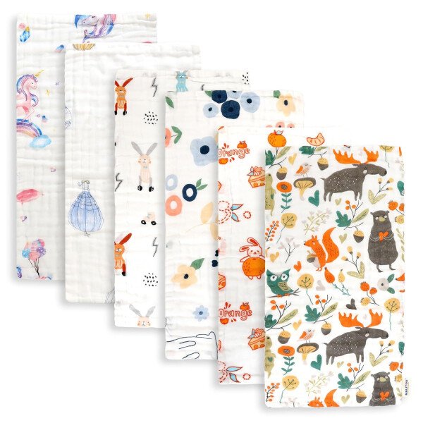 Maliton Paños de muselina para bebé, paquete de 6 paños grandes de 20 x 10 pulgadas, 100% algodón, absorbentes y suaves, 6 capas, tela de muselina esencial para recién nacido (animales y automóviles, - Imagen 24