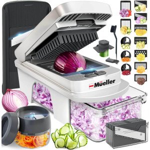 Mueller Pro-Series todo en 1 - Cortador, mandolina, 12 cuchillas, picadora de alimentos, rebanador de vegetales y espiralizador, rallador, utensilios para el hogar con contenedor, arena blanca/gris