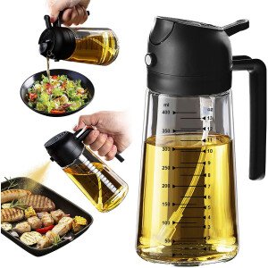 TrendPlain Pulverizador de aceite de oliva de vidrio de 16 oz/15.9 fl oz para cocinar, botella dispensadora de aceite de oliva 2 en 1 para accesorios de cocina y accesorios para freidora de aire