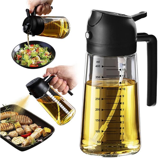 TrendPlain Pulverizador de aceite de oliva de vidrio de 16 oz/15.9 fl oz para cocinar, botella dispensadora de aceite de oliva 2 en 1 para accesorios de cocina y accesorios para freidora de aire