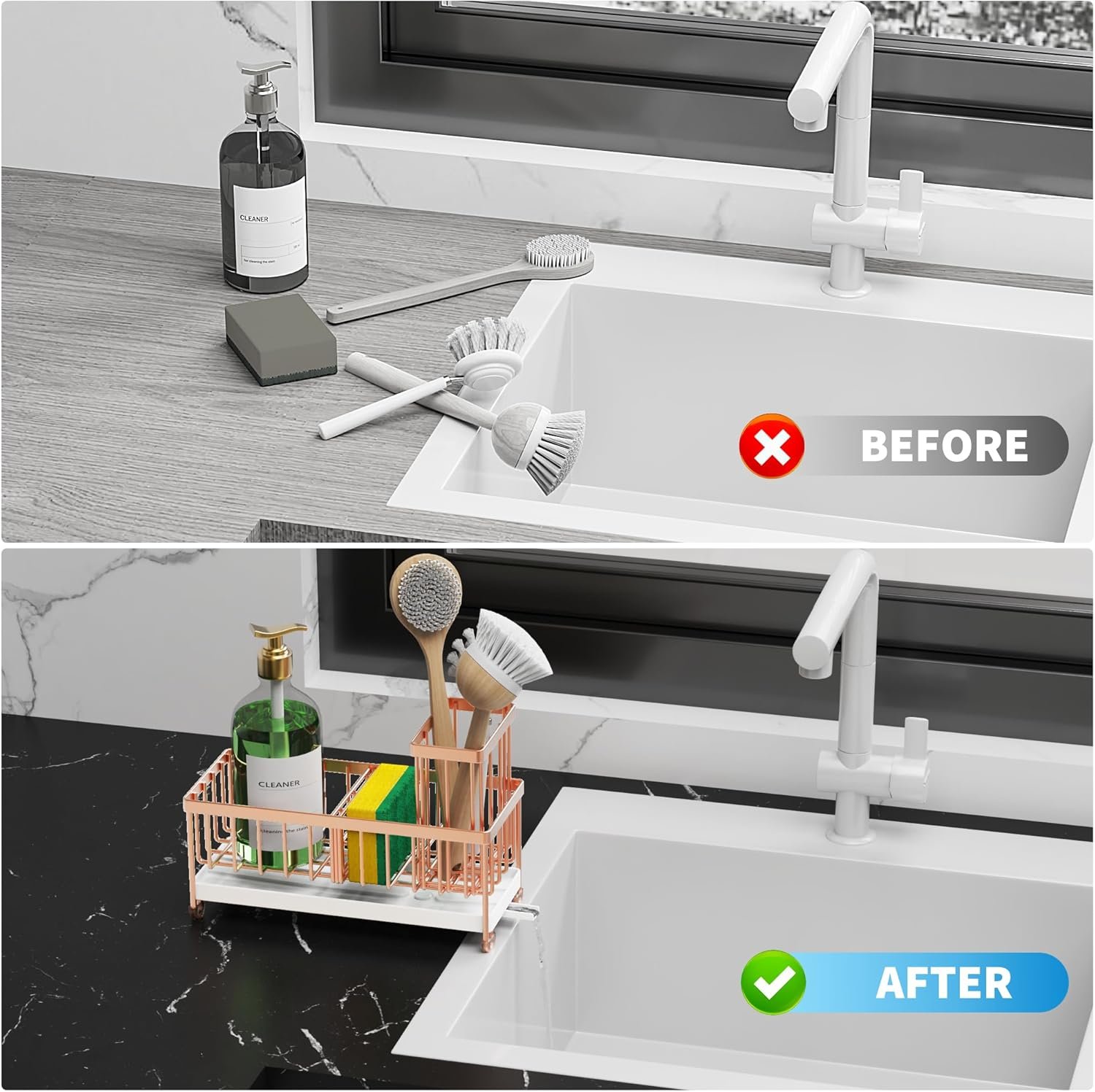 Cisily Soporte de esponja negro para fregadero de cocina, organizador de fregadero con soporte alto para cepillos, organizadores de encimera de cocina y artículos esenciales de almacenamiento, acero - Imagen 21