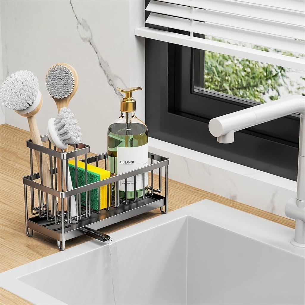 Cisily Soporte de esponja negro para fregadero de cocina, organizador de fregadero con soporte alto para cepillos, organizadores de encimera de cocina y artículos esenciales de almacenamiento, acero - Imagen 97