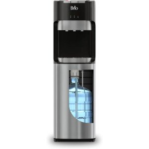 Brio - Enfriador de agua de carga inferior para botellas de 57 L, 3 temperaturas caliente, ambiente y fría, bloqueo de seguridad para niños, pantalla led con alerta de botella vacía, acero inoxidable
