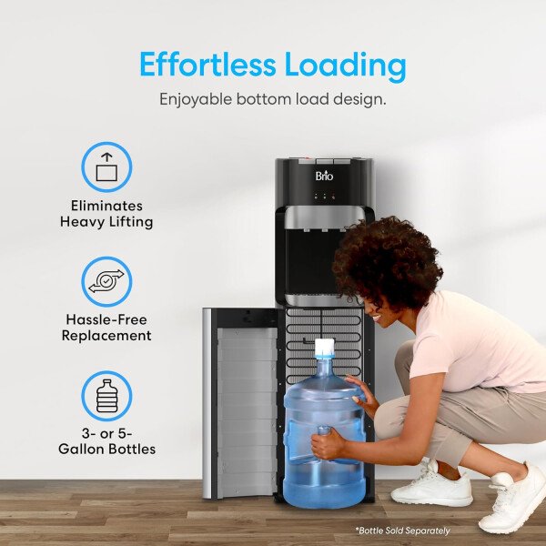 Brio - Enfriador de agua de carga inferior para botellas de 57 L, 3 temperaturas caliente, ambiente y fría, bloqueo de seguridad para niños, pantalla led con alerta de botella vacía, acero inoxidable - Image 3