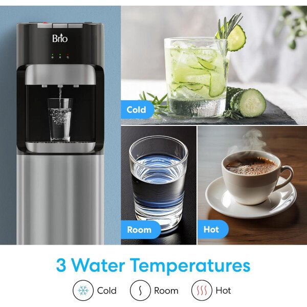 Brio - Enfriador de agua de carga inferior para botellas de 57 L, 3 temperaturas caliente, ambiente y fría, bloqueo de seguridad para niños, pantalla led con alerta de botella vacía, acero inoxidable - Image 5