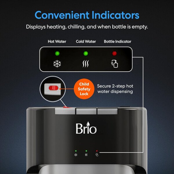 Brio - Enfriador de agua de carga inferior para botellas de 57 L, 3 temperaturas caliente, ambiente y fría, bloqueo de seguridad para niños, pantalla led con alerta de botella vacía, acero inoxidable - Image 8