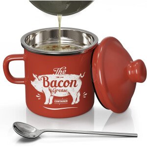 PGYARD Mini recipiente de grasa de tocino con colador, protector de grasa esmaltada de 15 onzas, protector de grasa de tocino de granja para almacenamiento de grasa de cocina, apto para lavavajillas,
