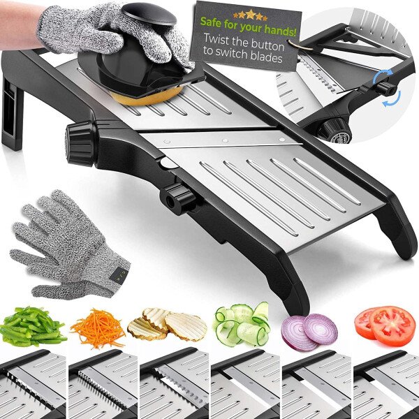 Cortador de alimentos con mandolina, ajustable de acero inoxidable con cortador de gofres, corte arrugado, papas fritas, cebolla vegetal