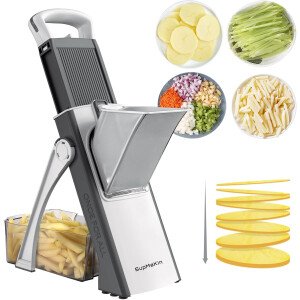 SupMaKin Rebanadora de mandolina segura para cocina, picadora de verduras ajustable de tamaño más grande, cortador de patatas, artefacto de corte de cocina (gris blanco)