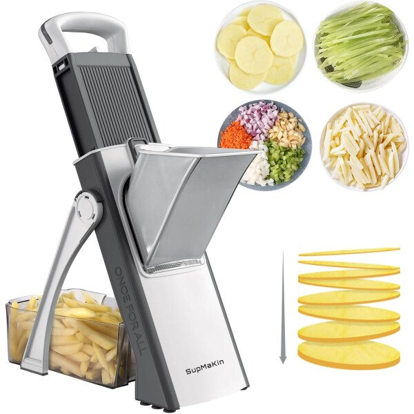 SupMaKin Rebanadora de mandolina segura para cocina, picadora de verduras ajustable de tamaño más grande, cortador de patatas, artefacto de corte de cocina (gris blanco)