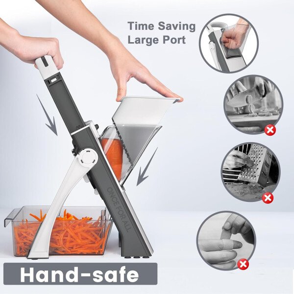 SupMaKin Rebanadora de mandolina segura para cocina, picadora de verduras ajustable de tamaño más grande, cortador de patatas, artefacto de corte de cocina (gris blanco) - Imagen 2