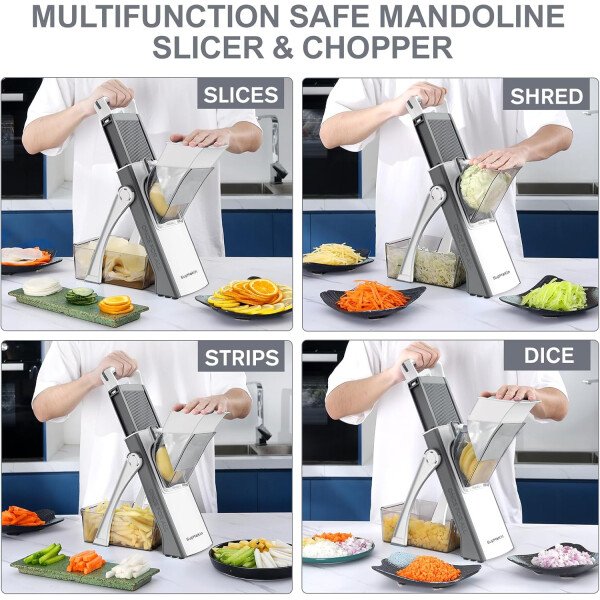 SupMaKin Rebanadora de mandolina segura para cocina, picadora de verduras ajustable de tamaño más grande, cortador de patatas, artefacto de corte de cocina (gris blanco) - Imagen 3