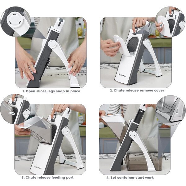 SupMaKin Rebanadora de mandolina segura para cocina, picadora de verduras ajustable de tamaño más grande, cortador de patatas, artefacto de corte de cocina (gris blanco) - Imagen 6