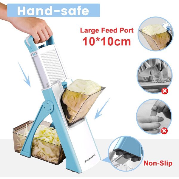 SupMaKin Rebanadora de mandolina segura para cocina, picadora de verduras ajustable de tamaño más grande, cortador de patatas, artefacto de corte de cocina (gris blanco) - Imagen 8