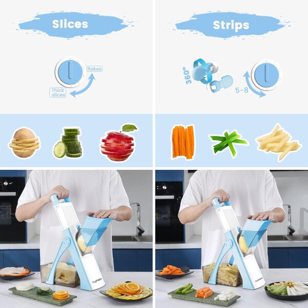 SupMaKin Rebanadora de mandolina segura para cocina, picadora de verduras ajustable de tamaño más grande, cortador de patatas, artefacto de corte de cocina (gris blanco) - Imagen 10