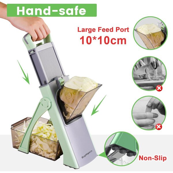 SupMaKin Rebanadora de mandolina segura para cocina, picadora de verduras ajustable de tamaño más grande, cortador de patatas, artefacto de corte de cocina (gris blanco) - Imagen 21