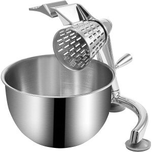 VEVOR Rallador de queso rotativo, mandolina vegetal rotativa de aleación de zinc, mandolina manual de queso con 5 conos de corte de acero inoxidable, rallador manual de verduras con cuenco de 2.5 L,