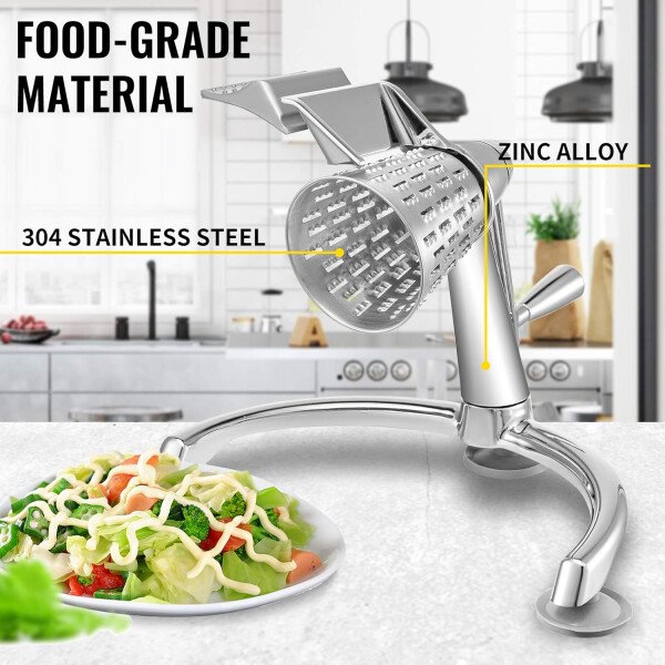 VEVOR Rallador de queso rotativo, mandolina vegetal rotativa de aleación de zinc, mandolina manual de queso con 5 conos de corte de acero inoxidable, rallador manual de verduras con cuenco de 2.5 L, - Imagen 2