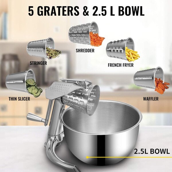 VEVOR Rallador de queso rotativo, mandolina vegetal rotativa de aleación de zinc, mandolina manual de queso con 5 conos de corte de acero inoxidable, rallador manual de verduras con cuenco de 2.5 L, - Imagen 3