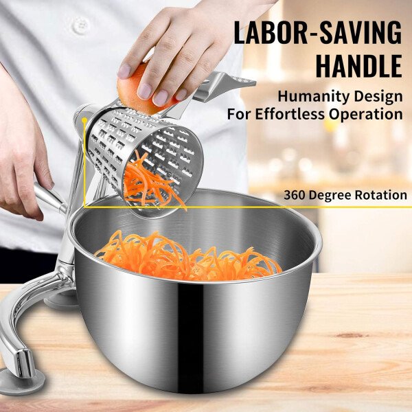 VEVOR Rallador de queso rotativo, mandolina vegetal rotativa de aleación de zinc, mandolina manual de queso con 5 conos de corte de acero inoxidable, rallador manual de verduras con cuenco de 2.5 L, - Imagen 5