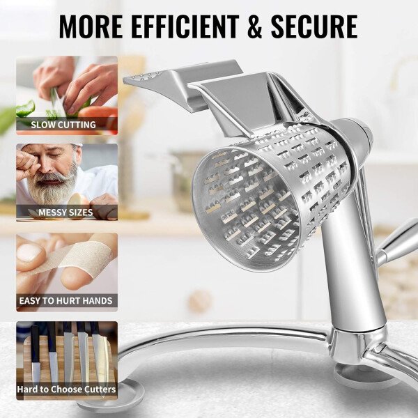 VEVOR Rallador de queso rotativo, mandolina vegetal rotativa de aleación de zinc, mandolina manual de queso con 5 conos de corte de acero inoxidable, rallador manual de verduras con cuenco de 2.5 L, - Imagen 6
