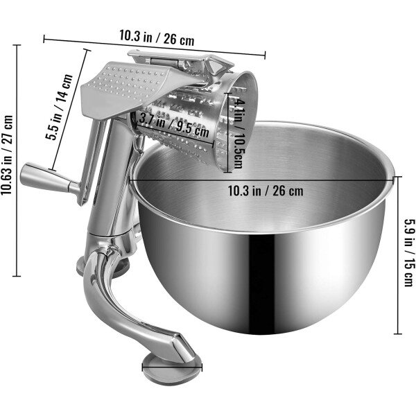 VEVOR Rallador de queso rotativo, mandolina vegetal rotativa de aleación de zinc, mandolina manual de queso con 5 conos de corte de acero inoxidable, rallador manual de verduras con cuenco de 2.5 L, - Imagen 8