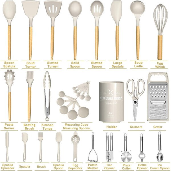 Umite Chef Juego de utensilios de cocina de silicona, 34 piezas resistentes al calor y herramientas con rallador, asas de madera para utensilios de cocina antiadherentes - Image 2