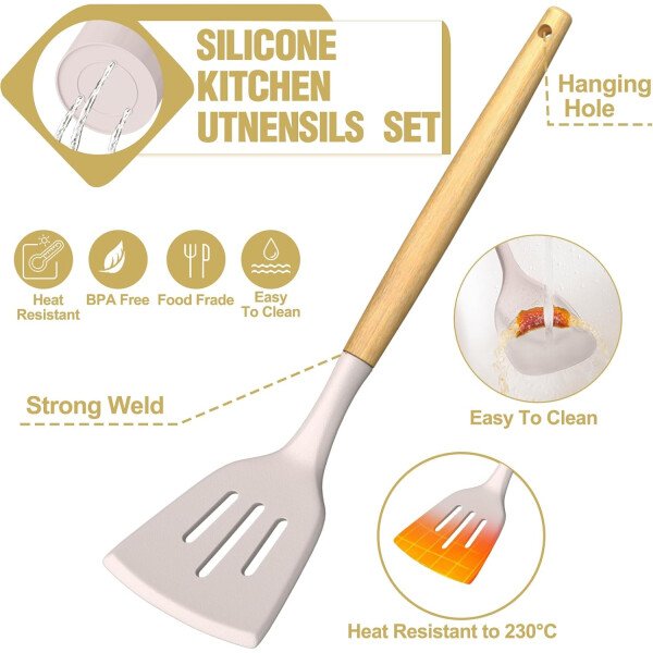 Umite Chef Juego de utensilios de cocina de silicona, 34 piezas resistentes al calor y herramientas con rallador, asas de madera para utensilios de cocina antiadherentes - Image 7