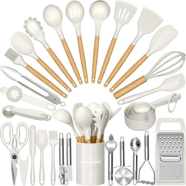 Umite Chef Juego de utensilios de cocina de silicona, 34 piezas resistentes al calor y herramientas con rallador, asas de madera para utensilios de cocina antiadherentes - Image 8