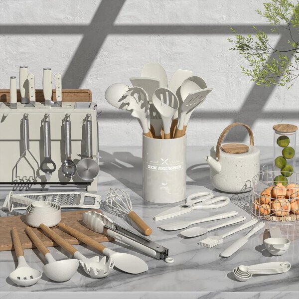 Umite Chef Juego de utensilios de cocina de silicona, 34 piezas resistentes al calor y herramientas con rallador, asas de madera para utensilios de cocina antiadherentes - Image 9