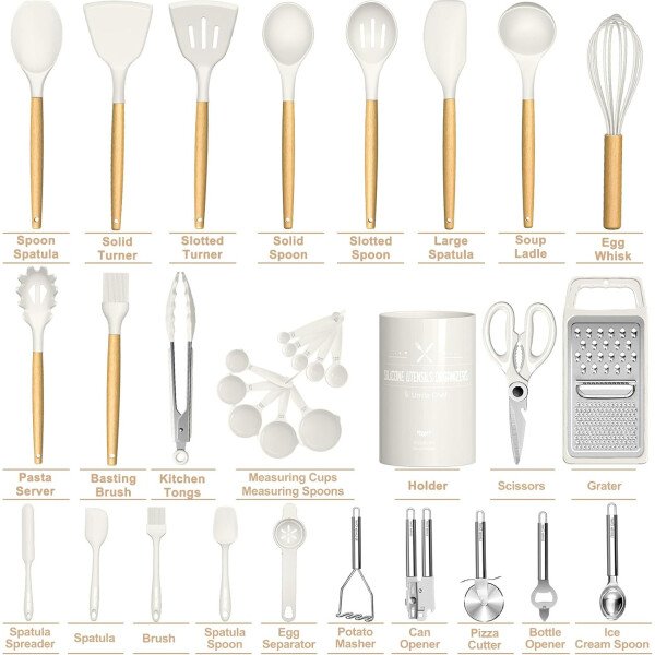 Umite Chef Juego de utensilios de cocina de silicona, 34 piezas resistentes al calor y herramientas con rallador, asas de madera para utensilios de cocina antiadherentes - Image 12