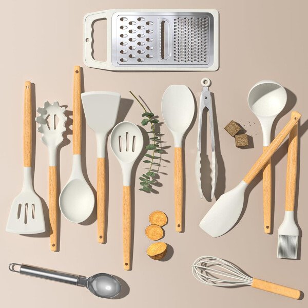 Umite Chef Juego de utensilios de cocina de silicona, 34 piezas resistentes al calor y herramientas con rallador, asas de madera para utensilios de cocina antiadherentes - Image 14