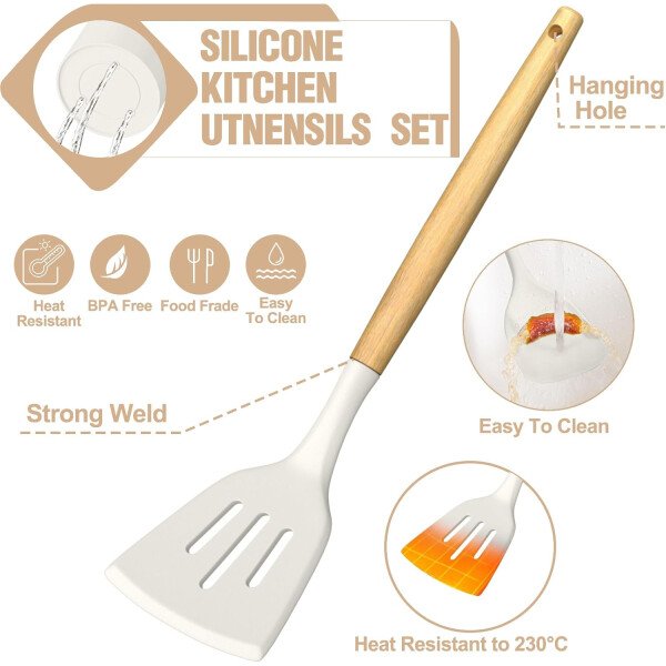 Umite Chef Juego de utensilios de cocina de silicona, 34 piezas resistentes al calor y herramientas con rallador, asas de madera para utensilios de cocina antiadherentes - Image 15
