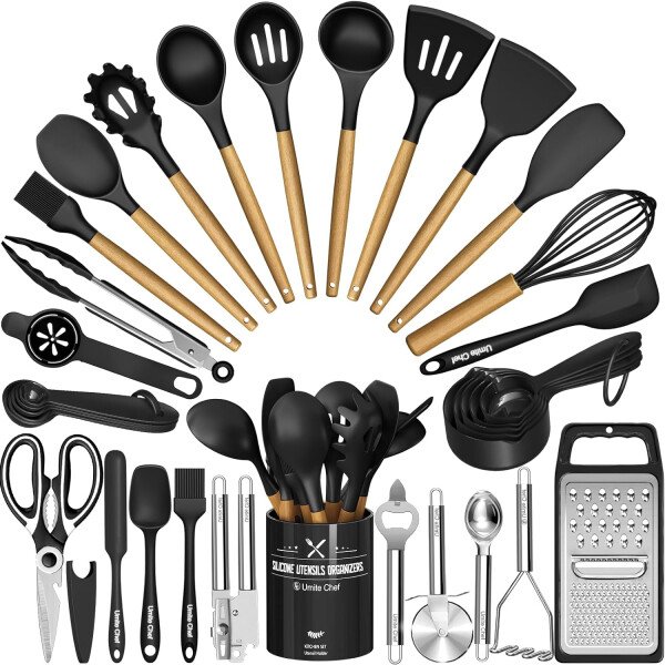 Umite Chef Juego de utensilios de cocina de silicona, 34 piezas resistentes al calor y herramientas con rallador, asas de madera para utensilios de cocina antiadherentes - Image 16