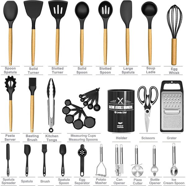 Umite Chef Juego de utensilios de cocina de silicona, 34 piezas resistentes al calor y herramientas con rallador, asas de madera para utensilios de cocina antiadherentes - Image 18
