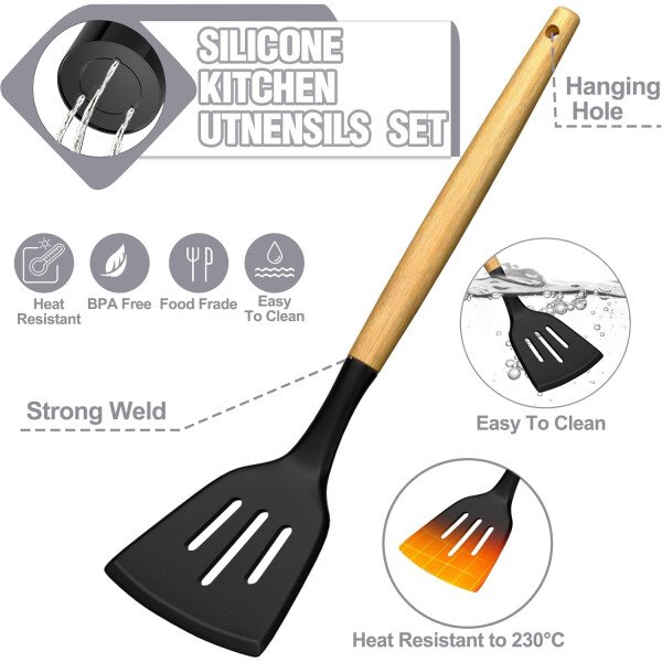 Umite Chef Juego de utensilios de cocina de silicona, 34 piezas resistentes al calor y herramientas con rallador, asas de madera para utensilios de cocina antiadherentes - Image 22