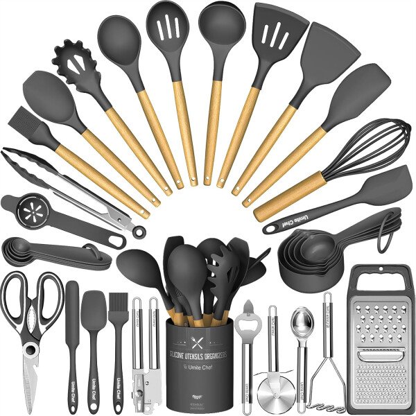 Umite Chef Juego de utensilios de cocina de silicona, 34 piezas resistentes al calor y herramientas con rallador, asas de madera para utensilios de cocina antiadherentes - Image 23