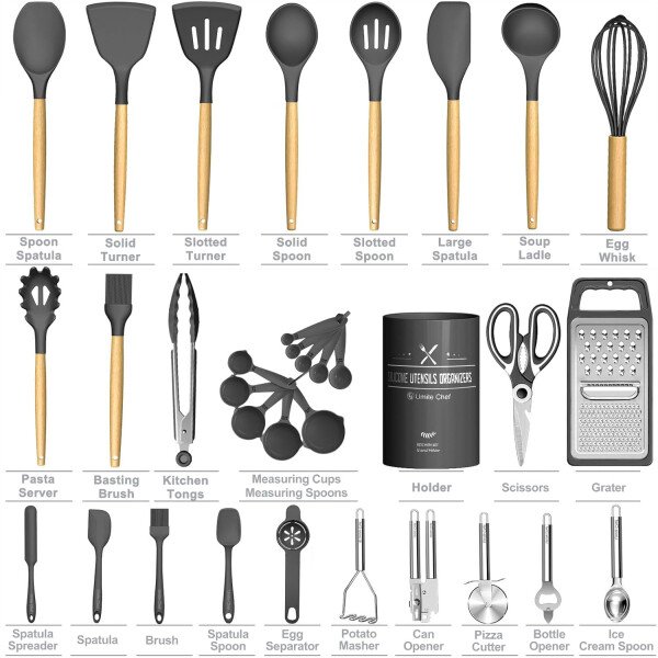 Umite Chef Juego de utensilios de cocina de silicona, 34 piezas resistentes al calor y herramientas con rallador, asas de madera para utensilios de cocina antiadherentes - Image 27