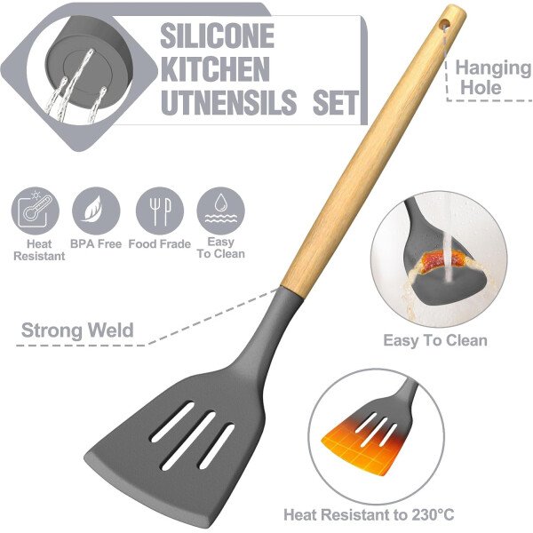 Umite Chef Juego de utensilios de cocina de silicona, 34 piezas resistentes al calor y herramientas con rallador, asas de madera para utensilios de cocina antiadherentes - Image 29