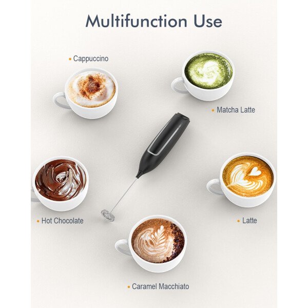 Espumador de leche de mano, varita de espuma eléctrica, mezclador de bebidas con batidor de acero inoxidable para café, matcha, lattes, capuchino negro - Imagen 4