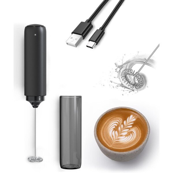 Espumador de leche de mano, varita de espuma eléctrica, mezclador de bebidas con batidor de acero inoxidable para café, matcha, lattes, capuchino negro - Imagen 8