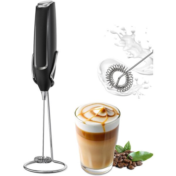 Espumador de leche de mano, varita de espuma eléctrica, mezclador de bebidas con batidor de acero inoxidable para café, matcha, lattes, capuchino negro - Imagen 22