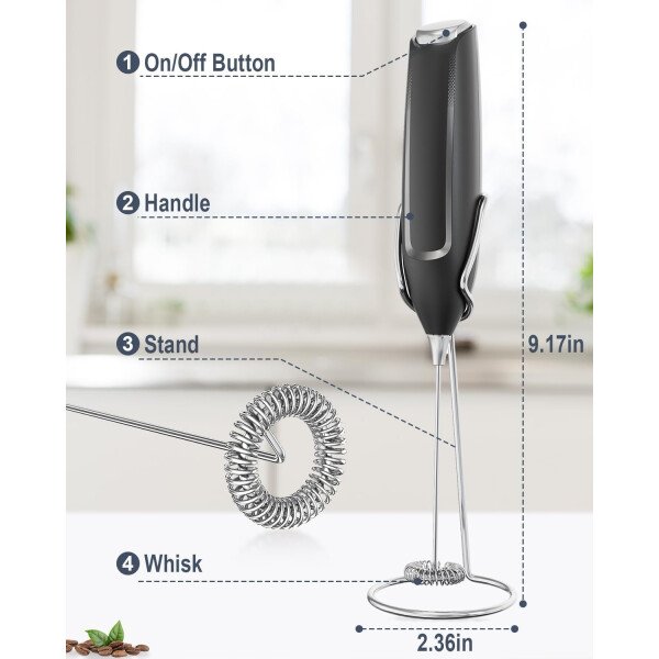 Espumador de leche de mano, varita de espuma eléctrica, mezclador de bebidas con batidor de acero inoxidable para café, matcha, lattes, capuchino negro - Imagen 27