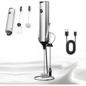 Espumador de leche recargable con soporte, mezclador de bebidas de 3 velocidades de mano con 2 cabezales, varita espumadora eléctrica para café, latte, capuchino, chocolate caliente, matcha